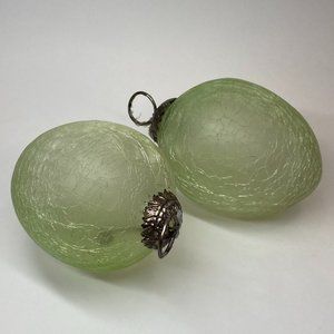 Pair of Vintage Large Crackle Seafoam Green Kugel Glass Eggs with Silverhangers